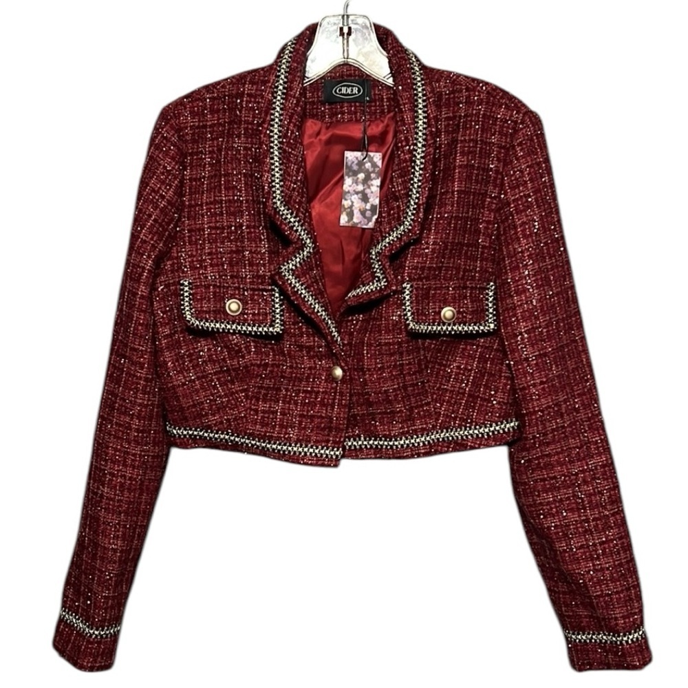 Cider Party Night Tweed Cropped Jacket Women’s Large Burgundy Gold Button Front